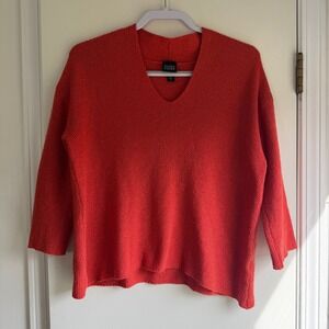 Eileen Fisher Wool Silk Blend V-Neck Sweater Orange Red Textured Italian Yarn XS